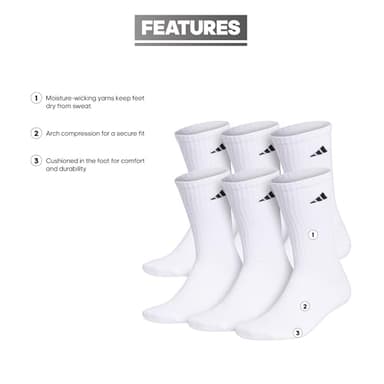 adidas Men's Athletic 6-Pack, Cushioned Crew Socks with Arch Compression for a Secure Fit, White/Black, Large - Image 2