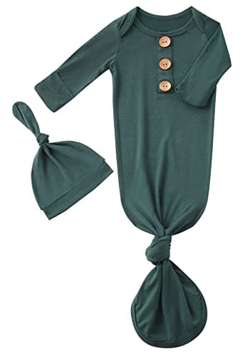 Newborn Baby Boys Girls Knotted Gown Hat Set Soft Viscose from Bamboo Infant Sleeper Baby Sleep Gown with Mittens (Deep Green, 0-3 Months) - Image 1
