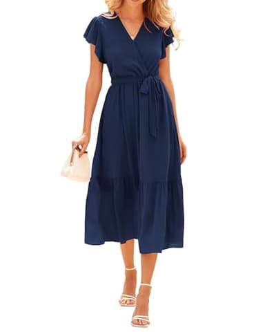 BTFBM Women Summer Bohemian Floral Casual Wrap V Neck Ruffle Cap Sleeveless Belt A-Line Pleated Hem Midi Sun Dress(Solid Navy,Medium) - Image 1