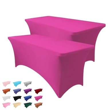 Heochy 2 Pack 6FT Table Cloth for Rectangle Tables - Hot Pink Tablecloth Rectangular Fitted Stretch Spandex Table Covers 6 ft for Birthday, Cocktail, Wedding, Banquet Valentines Party - Image 1