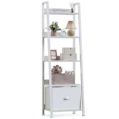 Furologee 5-Tier White Ladder Shelf, Ladder Bookshelf with Removable Drawer, Mordern Bookcase Storage Rack Organizer, Wood Metal Freestanding Storage Shelves for Living Room, Home Office, Bedroom - Image 1