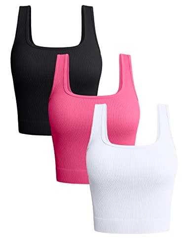 OQQ Women's 3 Piece Tank Tops Ribbed Seamless Workout Exercise Shirts 2025 Summer Basic Camis Black Coral White - Image 1