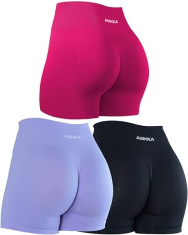 AUROLA 3 Pieces Pack Set Dream Workout Shorts for Women Seamless,Dark Black/Jacaranda/Pink,M - Image 1