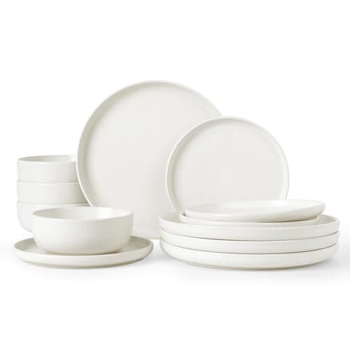 Famiware Milkyway Plates and Bowls Sets, 12 Pieces Dinnerware Sets, Reactive Glaze Dish Set, Stoneware Dishes Set for 4, Matte White - Image 1