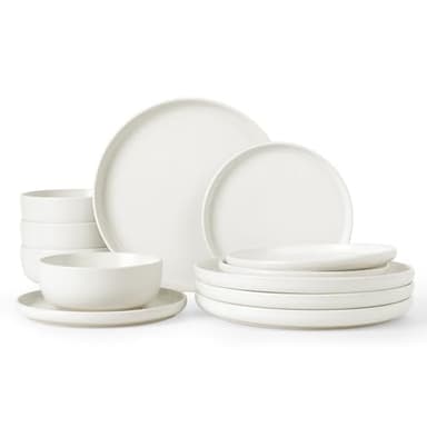 Famiware Milkyway Plates and Bowls Sets, 12 Pieces Dinnerware Sets, Reactive Glaze Dish Set, Stoneware Dishes Set for 4, Matte White - Image 1
