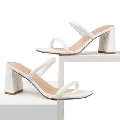 Avidirk Women's Square Open Toe Heeled Sandals Two Strap Mules Slip On Block Chunky Mid White Heels Sandals - Image 7