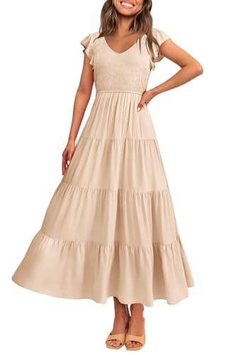 PRETTYGARDEN Women's Summer Flowy Maxi Dress Casual Cap Sleeve V Neck Smocked Beach Sundress (Solid Beige,Large) - Image 1