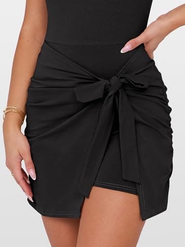 Caracilia Women Summer Short Sleeve Square Neck Bodycon Tie Cinched Waist Romper Mini Dress Athletic Night Out Vacation Dress Black Large - Image 5