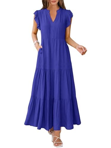 ANRABESS Womens Summer Casual Maxi Dress V Neck Ruffle Sleeve Long Dresses Fashion Flowy Tiered Boho Beach Vacation Sundress Royal Blue Medium - Image 1