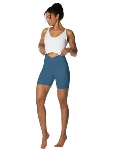 Sunzel Sunzfly Crossover Biker Shorts for Women, V Criss Cross High Waist Yoga Workout Gym Shorts with Tummy Control 6" Inseam Blue Gray Large - Image 6