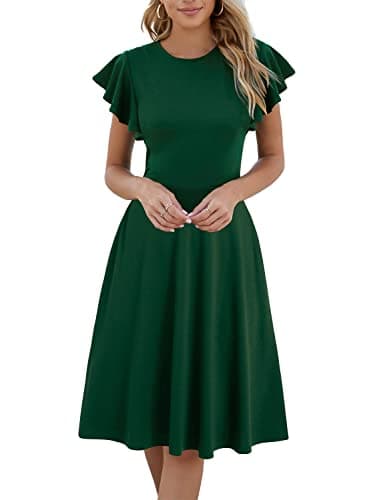 HELYO Wedding Guest Dresses for Womens Elegant Ruffle Sleeves V-Back A-Line Cocktail Party Semi Formal Dress with Pockets 842 Dark Green L - Image 1