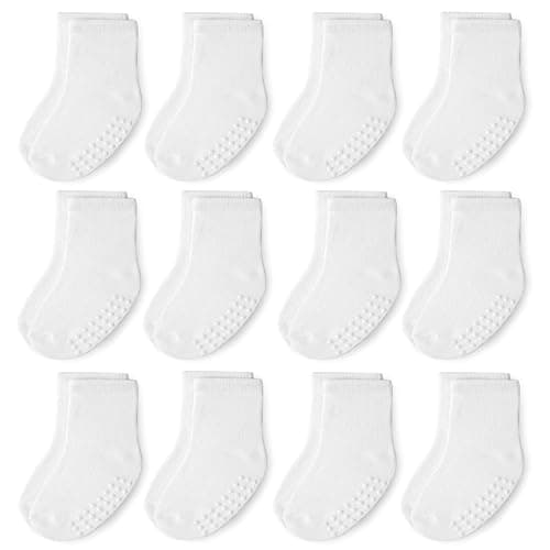 JAKIDAR 12 Pack Baby Toddler Socks Non Slip Grip Cotton Crew Socks for Boys Girls Infants Kids, White, 12-24 Months - Image 1