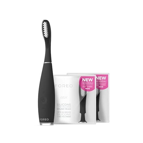 FOREO ISSA 3 Bundle - Ultra-Hygienic 4-in-1 Silicone Sonic Electric Toothbrush + 2 x ISSA Hybrid Wave Brush Head - White Teeth, Clean Gums, Cheeks & Tongue, Soft Toothbrush - Black - Image 1