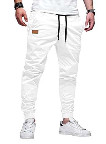 JMIERR Mens Casual Joggers Pants - Cotton Drawstring Chino Cargo Pants Hiking Outdoor Twill Track Jogging Sweatpants Pants with Pockets for Men, 4XL, C White - Image 1