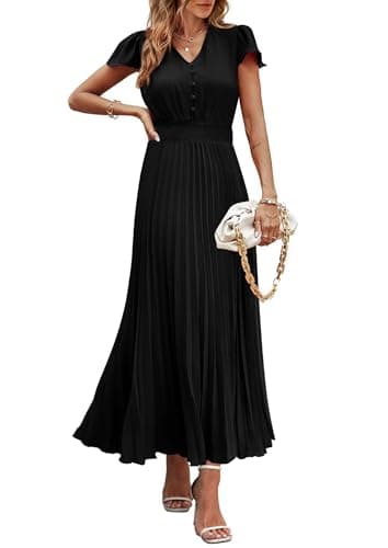 PRETTYGARDEN Women's Summer Maxi Dresses 2025 Trendy Casual Button V Neck Ruffle Cap Sleeve Long Flowy Pleated Dress (Black,Medium) - Image 1