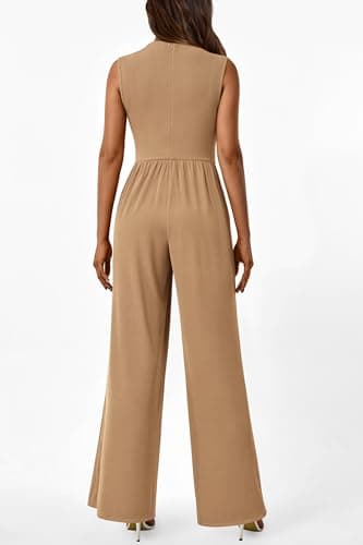PRETTYGARDEN Womens Summer Jumpsuits Dressy Casual One Piece Outfits Sleeveless Mock Neck Wide Leg Pants Rompers with Pockets (Style2-Camel,Medium) - Image 2
