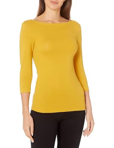 Amazon Essentials Women's Slim-Fit 3/4 Sleeve Boat Neck T-Shirt, Gold, Large - Image 1