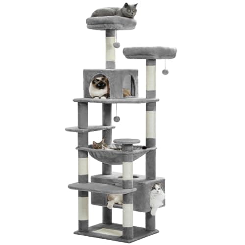 PAWZ Road Large 72 Inch Cat Tree and Tower for Indoor Cats - With Sisal-Covered Scratching Posts, Padded Perches, Condos, and Basket - Gray - Image 1