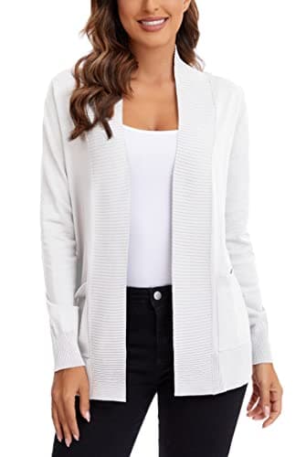 Urban CoCo Women's Lightweight Open Front Knit Cardigan Sweater Long Sleeve with Pocket (White, M) - Image 2