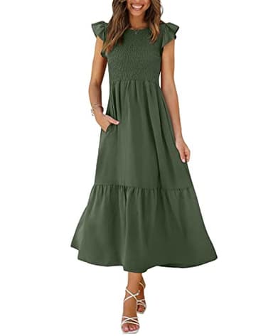 OFEEFAN Long Dress Womens Maxi Dresses Summer Ruffle Sleeve Tiered Dress Army Green M - Image 1