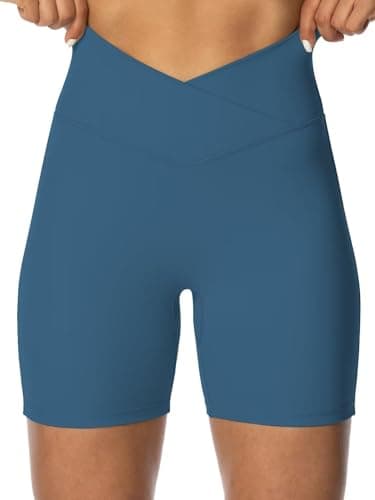 Sunzel Sunzfly Crossover Biker Shorts for Women, V Criss Cross High Waist Yoga Workout Gym Shorts with Tummy Control 6" Inseam Blue Gray Large - Image 1