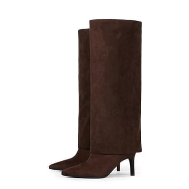 VIUGJNEX Chocolate Fold Over Knee High Boots Chocolate Boots for Women Knee High Boots Women Pointed Stiletto Heeled Tall Boots Size 7.5 - Image 7