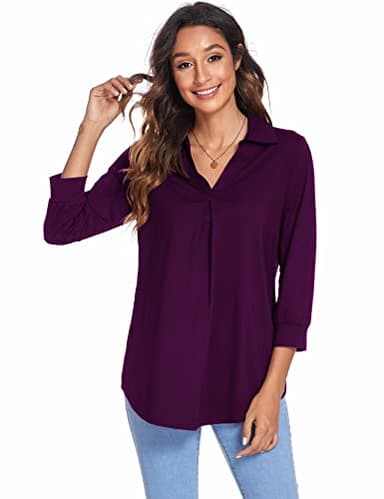 Newchoice Womens V Neck 3/4 Sleeve Shirts Business Casual Tops Ladies Stylish Work Blouses Dressy Loose Fit Tunic Tops (Dark Purple, XL) - Image 2