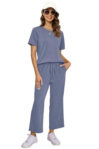 XIEERDUO Two Piece Travel Outfits for Women 2 Pc Lounge Set Casual Summer Tracksuit Wide Leg Loungewear Short Sleeve Track Suit Women's Jumpsuit Fashion Spring Vacation Clothes Blue XL - Image 3