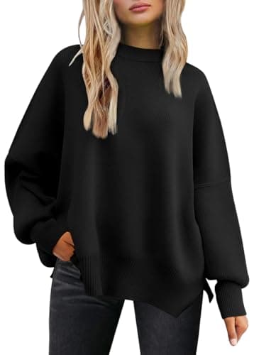 LILLUSORY Women's Oversized Batwing Sweaters 2025 Fall Outfits Trendy Crewneck Knit Side Slit Fashion Pullover Tops Black L - Image 1