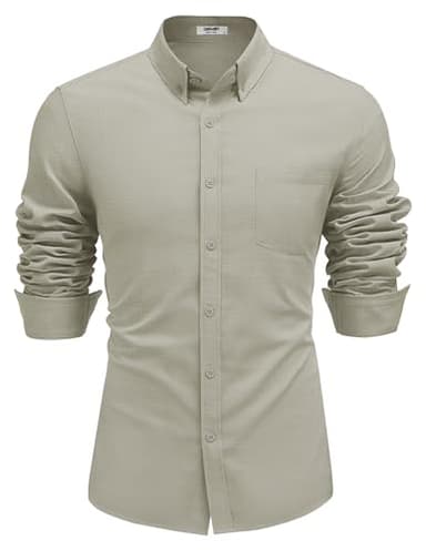 COOFANDY Mens Button Down Shirts Long Sleeve Cotton Linen Shirts Casual Textured Button Up Shirt Wedding Dress Shirts Light Grey - Image 7