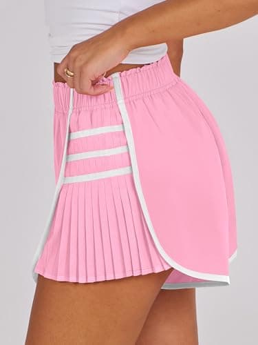 Caracilia Women Running Shorts Flowy Pleated Athletic Shorts Summer High Waisted Tennis Sporty Workout Gym Shorts Pink Large - Image 3
