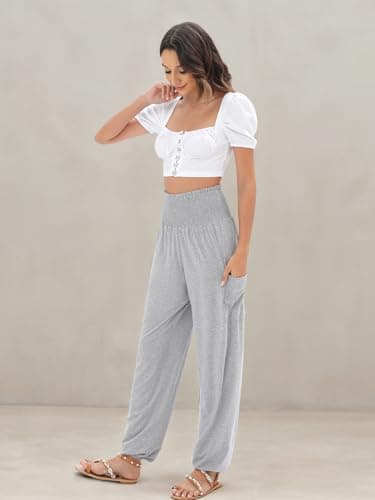 QIANXIZHAN Women's Harem Pants, High Waist Yoga Boho Trousers with Pockets Grey L - Image 6