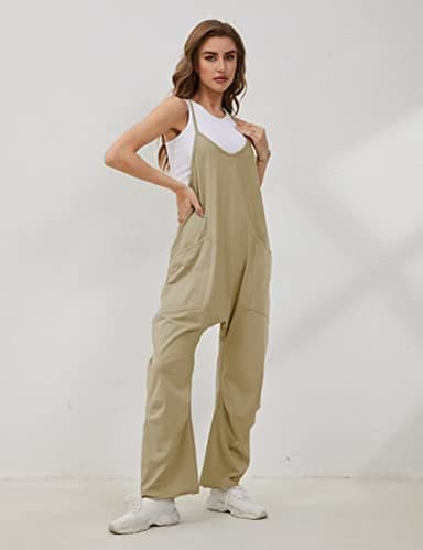 Lentta Women's Causal Jumpsuits V Neck Sleeveless Harem Overalls Stretchy Adjustable Strap Romper with Pockets(DarkKhaki-M) - Image 6
