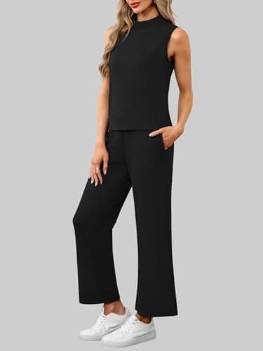 Casly Lamiit Two Piece Travel Outfits for Women Summer Sets Lounge Sets 2025 Fashion 2 Piece Matching Spring Trending Tracksuit Sleeveless Round Neck Top Wide Leg Pants Black M - Image 3