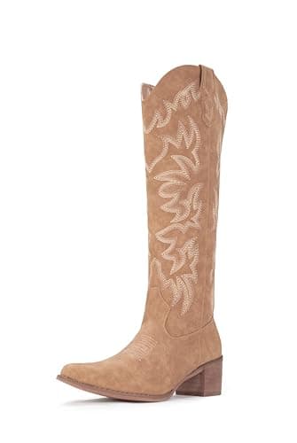 IUV Cowboy Boots For Women Knee High Western Cowgirl Boots Snip Toe Side Zipper Chunky Heel - Image 1