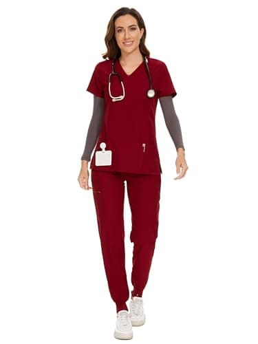 COZYFIT Women's Scrubs Set - Stretch V-Neck Top & Jogger Pant with 8 Pockets, Yoga Waistband, Anti Wrinkle, Slim Fit - Burgundy, 4XL, Tall - Image 1