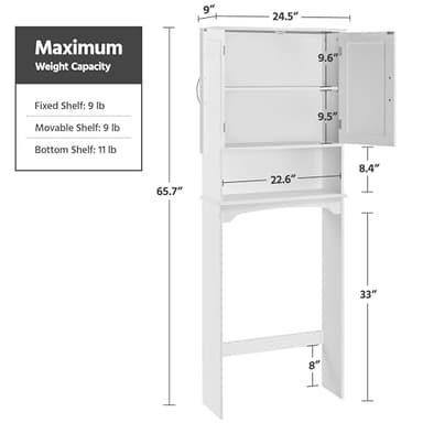 Yaheetech Over The Toilet Cabinet, Double Door Bathroom Storage Organizer, Toilet Rack with Inner Adjustable Shelf and Open Storage Shelf, White - Image 2