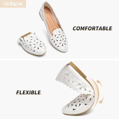 HEAWISH Women's Floral Ballet Flats for Women Black Beige Slip On Flowers PU Leather Round Toe Dress Shoes(White,US7.5) - Image 3
