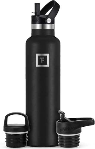 IRON °FLASK Camping & Hiking Hydration Canteens - 3 Lids (Narrow Straw Lid) Leak Proof Vacuum Insulated Stainless Steel - Hot & Cold Double Walled Sports Water Bottle - Midnight Black, 24 Oz - Image 1