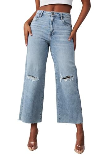 Allimy Women's High Rise Capris for Women Wide Leg Crop Jeans Baggy Y2K Clothing Light Wash Denim Blue Size 10 - Image 1