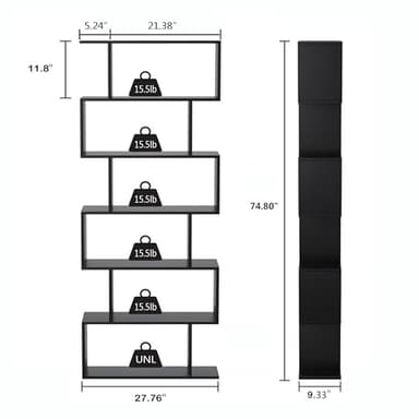 Yusong Bookshelf 6-Tier, Geometric Bookcase S Shaped Book Shelves for Bedroom, Modern Wood Decorative Display Shelf Tall Book Case for Home Office, Black - Image 3