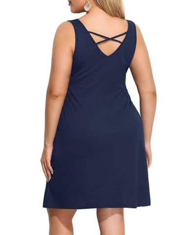Sun Dresses Women Summer Plus Size Navy Blue Bathing Suit Cover Up Casual Tank Tshirt Sleeveless Pockets Short Sundress - Image 4