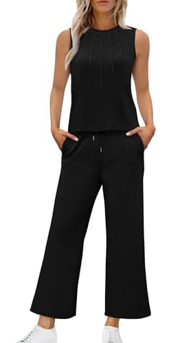 Two Piece Sets for Women Summer Outfits Casual Lounge Matching Sets Women Clothing Travel Vacation Cruise Outfits Wide Leg Crop Pants Set 2025 Black M - Image 2