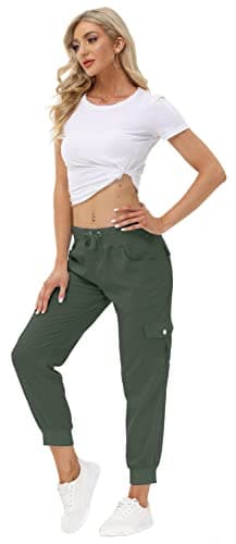 MoFiz Women's Hiking Pants Cargo Joggers Sweatpants with Pockets Lightweight Quick Dry Outdoor Summer Casual Athletic Elastic Waist Army Green 2XL - Image 6