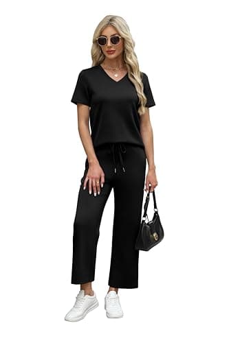 WIHOLL Summer Outfits For Women 2 Piece Lounge Matching Sets Workout Sets Spring Essentials Clothing Cruise Vacation Outfits Pajama Pants Activewear Black L - Image 3