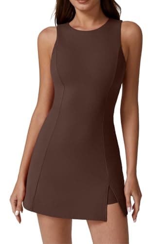 QINSEN Sport Dress for Women Sleeveless Workout Side Slit Tennis Dress with Inner Shorts Brown S - Image 1