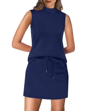 XIEERDUO Womens Sweatsuits Two Piece Skirt Lounge Sets Summer Travel Outfits Matching Sets Athletic Mock Neck Tank Tops Tennis Dresses Beach Fashion Vacation Clothes Resort Wear 2025 Dark Blue XL - Image 1