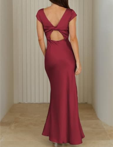 Halfisland Womens Summer Satin V Neck Cap Sleeve Backless Maxi Dress Elegant Twist Cut Out Midi Dresses Wedding Guest Burgundy - Image 2