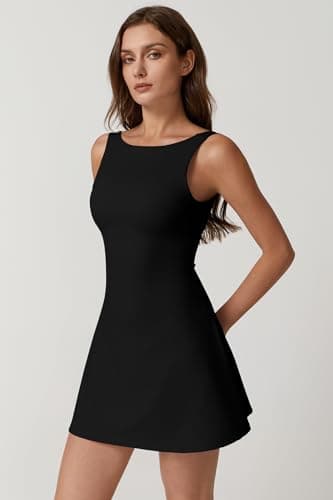 QINSEN Womens Open Back Tennis Dress Sleeveless Built in Shorts Golf Athletic Dress with Pockets Black M - Image 3