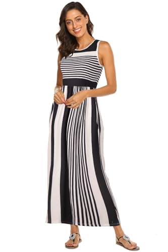 Hount Black Dresses for Women Casual Crewneck Long Maxi Dress with Pockets Striped S - Image 4